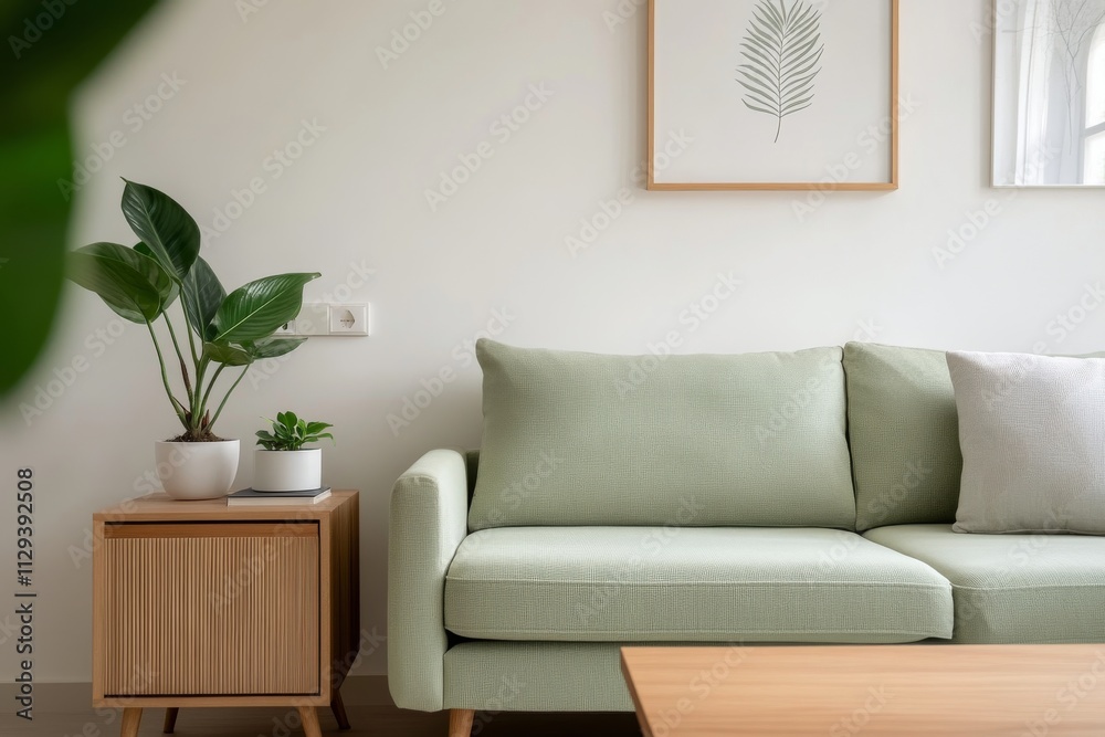 Modern living room with green sofa and indoor plants for a fresh atmosphere Modern living room with green sofa and indoor plants for a fresh atmosphere