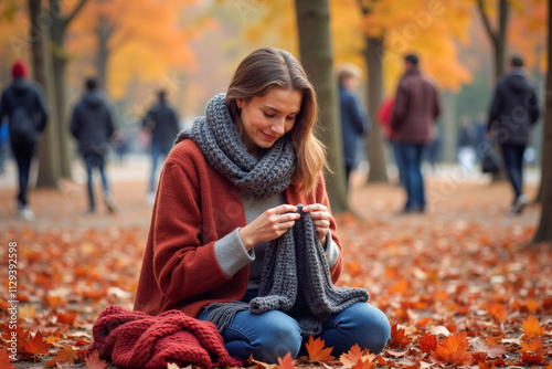 Woman knitting a scarf outdoors in a park surrounded by autumn leaves