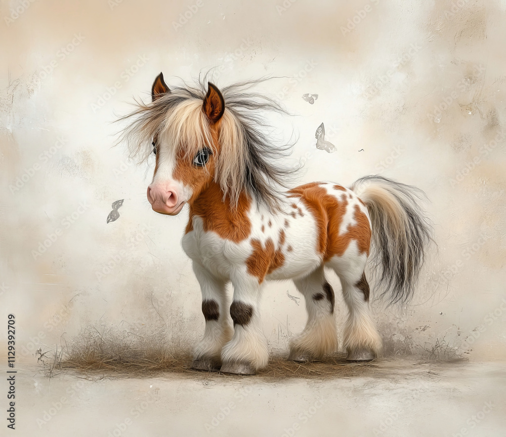 Obraz premium Cute Piebald Pony with Fluffy Mane and Butterflies in a Soft Pastoral Scene