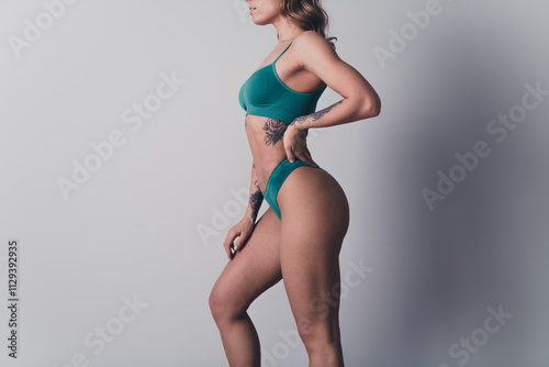 Crop no filter studio photo of cute stunning woman underwear enjoying self acceptance isolated white color background