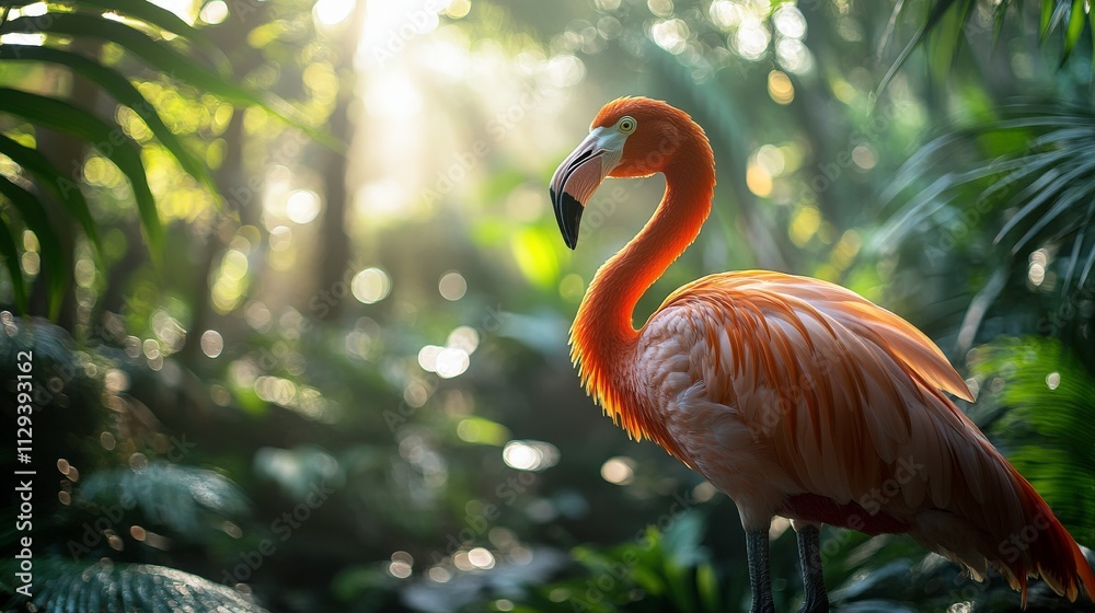 Fototapeta premium Vibrant Orange Flamingo Standing Gracefully Amid Lush Green Foliage with Soft Sunlight Filtering Through in a Tropical Environment