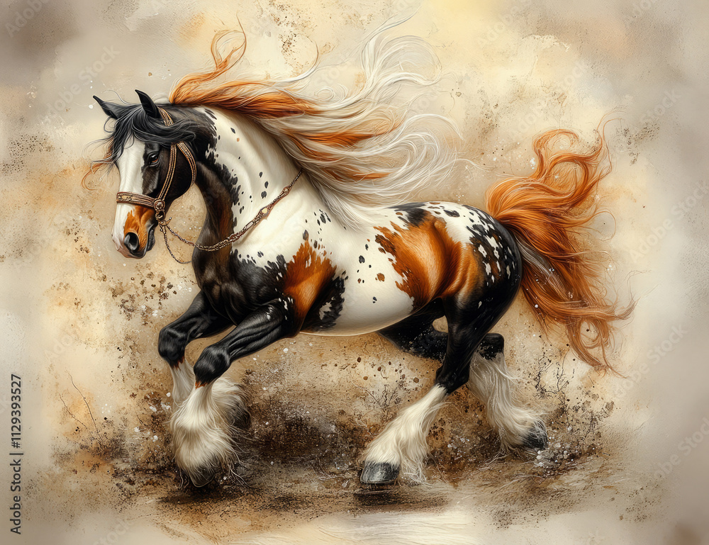Obraz premium Dynamic Gypsy Vanner Horse with Striking Black, White, and Chestnut Coat in Motion 