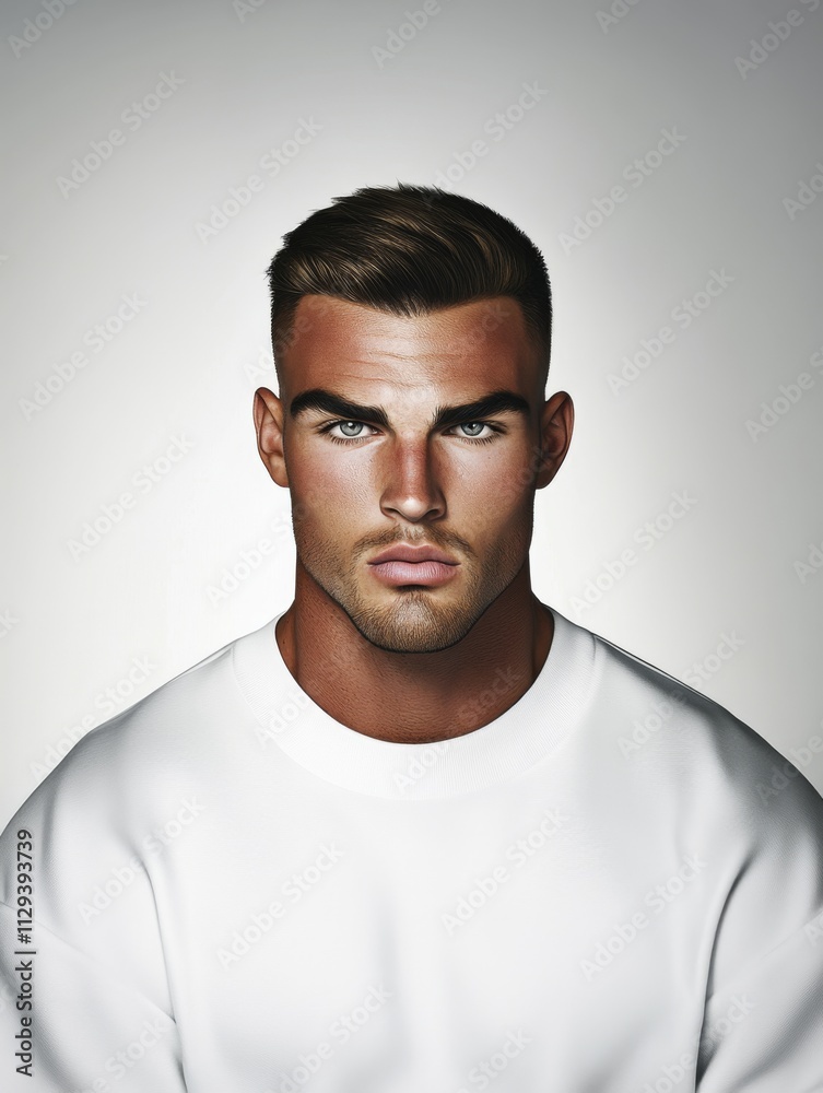 Obraz premium The image features a stylized portrait of a serious-looking man wearing a white shirt. His expression is intense, combining sharp focus and concentration.