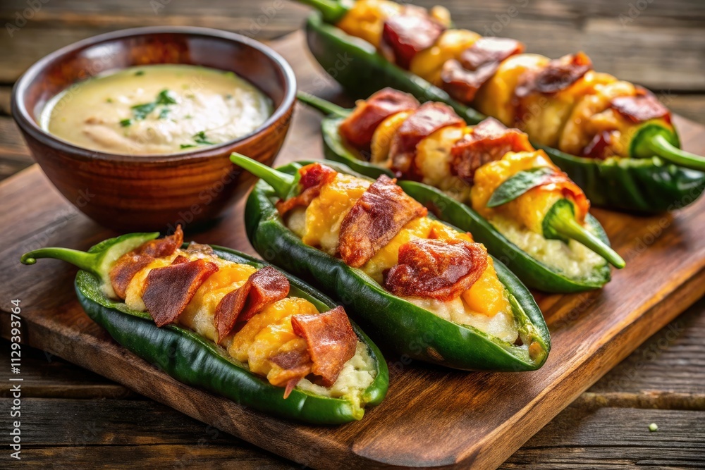 Crispy bacon and cheddar stuffed jalapeños, baked to perfection, served with a creamy, cool dipping sauce.