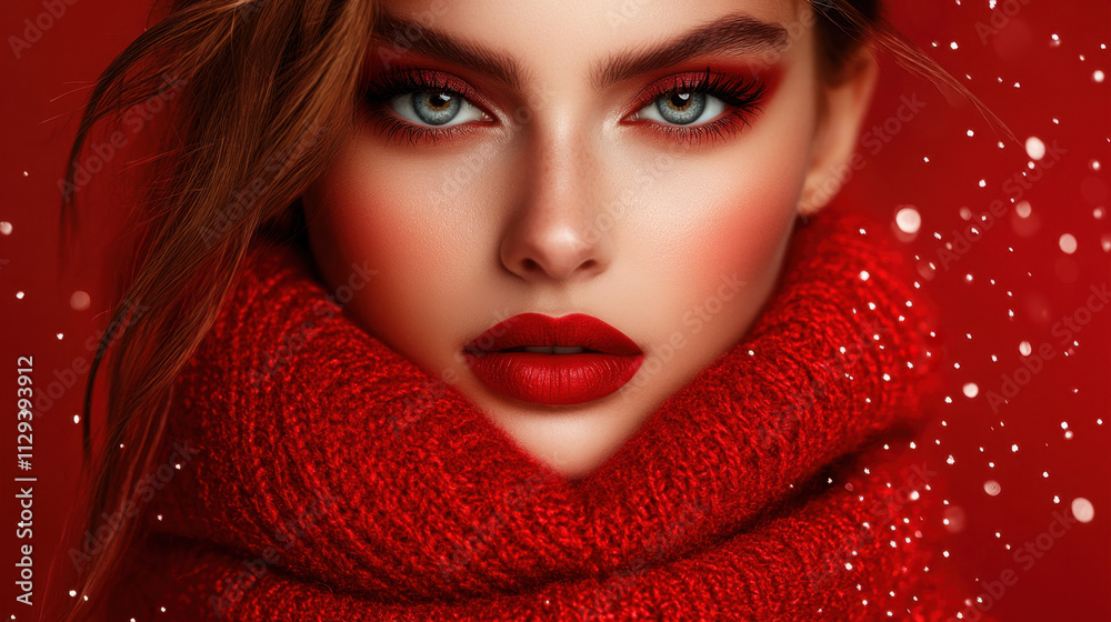 A stunning model showcases a warm red scarf and striking festive makeup, embodying the spirit of the holiday season. Snowflakes gently add to the festive ambiance. A stunning model showcases a warm red scarf and striking festive makeup, embodying the spirit of the holiday season. Snowflakes gently add to the festive ambiance.