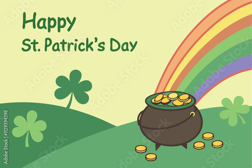 happy st. patrick's day greeting card with pot of gold and rainbow
