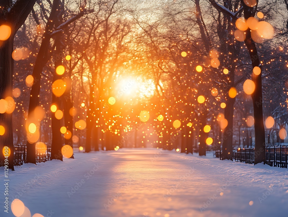 Winter Sunset Pathway Glowing Lights Snowy Trees