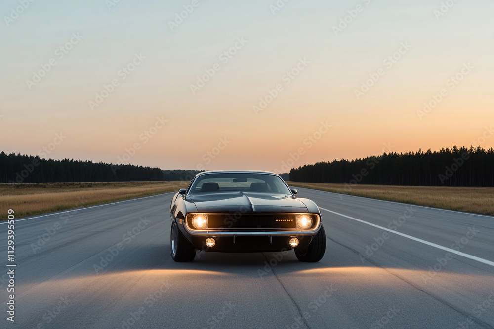 Naklejka premium Classic muscle car on open road at sunset