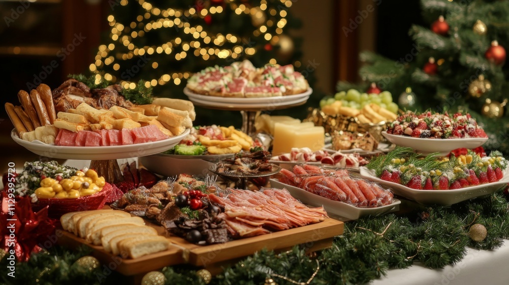 A sumptuous holiday table laden with various meats, sweets, and seasonal treats against a backdrop of Christmas trees and glowing lights. A sumptuous holiday table laden with various meats, sweets, and seasonal treats against a backdrop of Christmas trees and glowing lights.