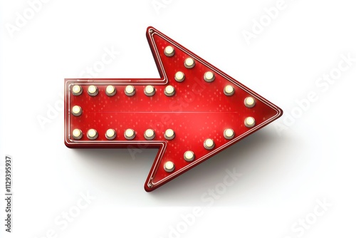 A red illuminated marquee arrow sign with glowing bulbs on a white background, perfect for an ad.