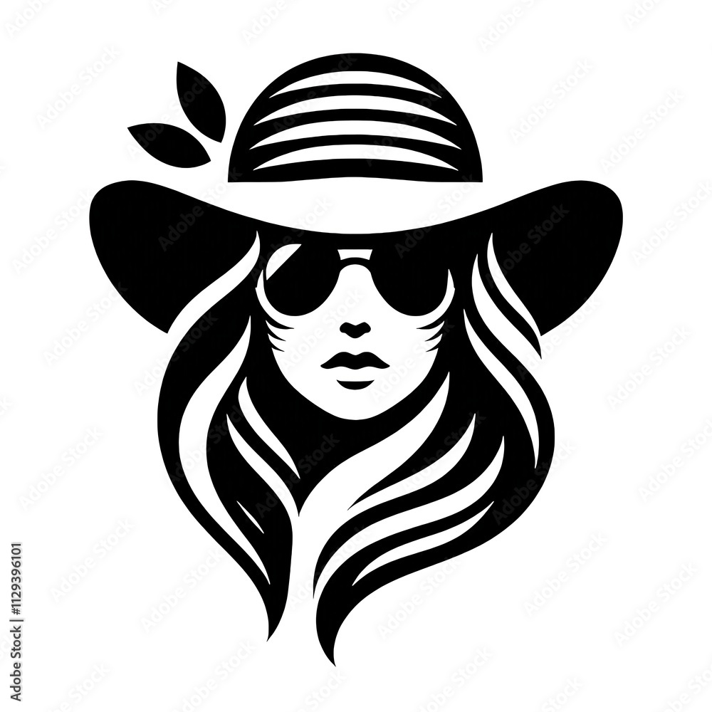 Black and white illustration of a woman’s head with long hair wearing a beach hat and sunglasses. Black and white illustration of a woman’s head with long hair wearing a beach hat and sunglasses.