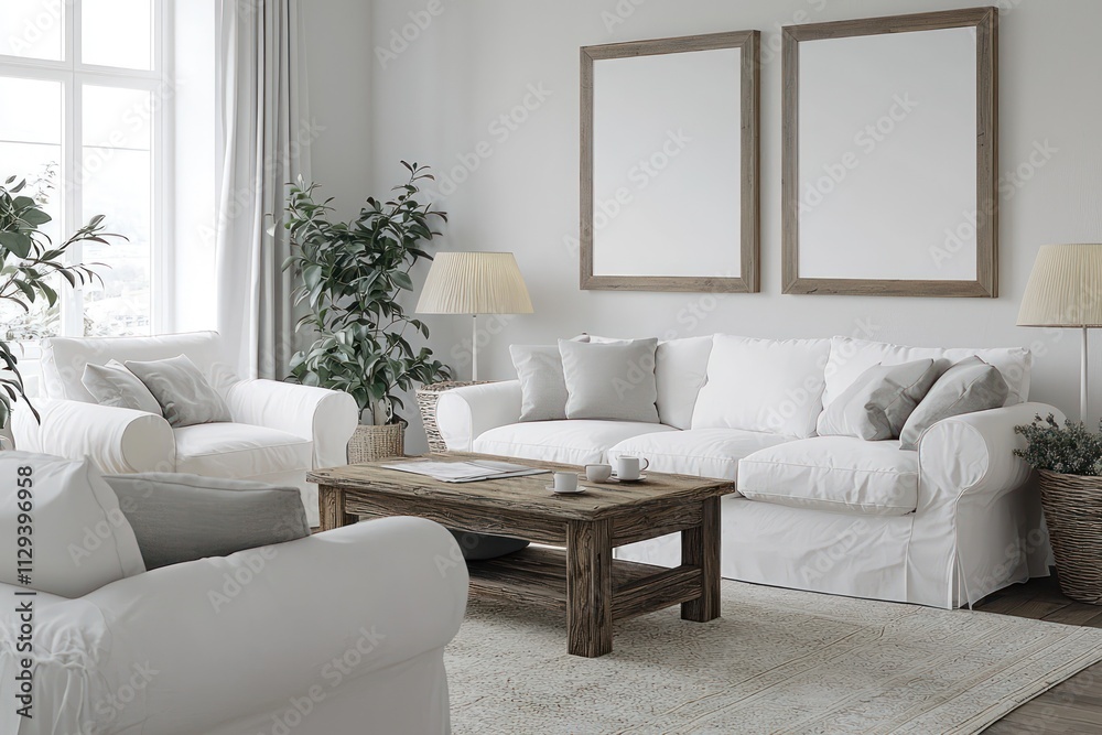 Fototapeta premium An elegant Scandinavian space with a white sofa, a wooden coffee table, and a 3D poster frame, crafted for an advertising display.