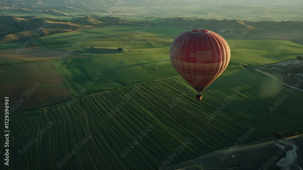 Obraz premium A vibrant hot air balloon floats over lush green fields at sunrise.