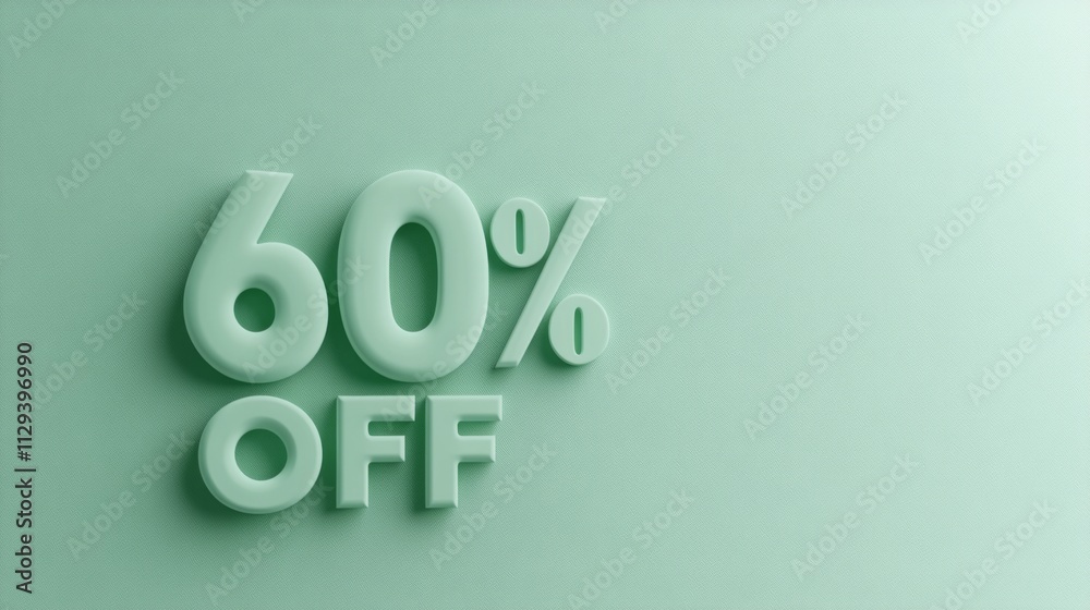 Bold and prominent '60% OFF' typography presented against a textured green background, ideal for promotional and marketing visuals in advertising. Bold and prominent '60% OFF' typography presented against a textured green background, ideal for promotional and marketing visuals in advertising.