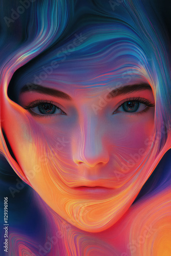 a woman ' s face with a colorful background photo