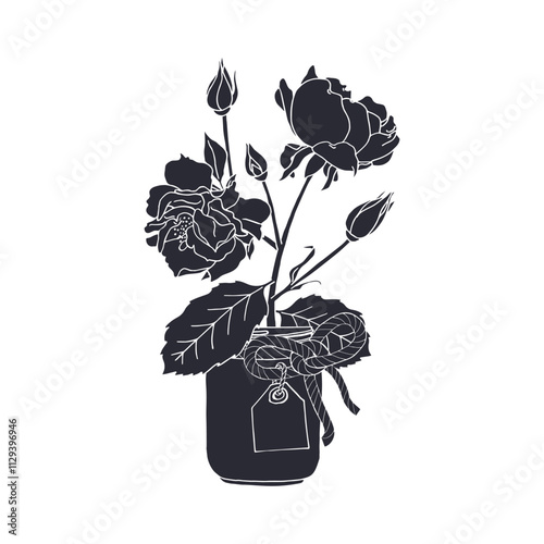 Black silhouette of rose flower in mason jar isolated on white background. Hand drawn floral linocut design