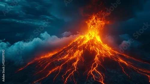 A fiery volcano erupts under dramatic skies, spewing lava and ash into the air, showcasing nature's raw power and beauty.