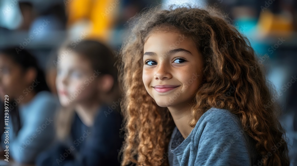A girl with curly hair is smiling at the camera A girl with curly hair is smiling at the camera
