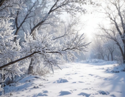 White frost on branches and leaves in a snowy landscape, white, leaves, frost