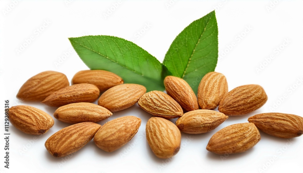 A pile of almonds with fresh green leaves. A pile of almonds with fresh green leaves.