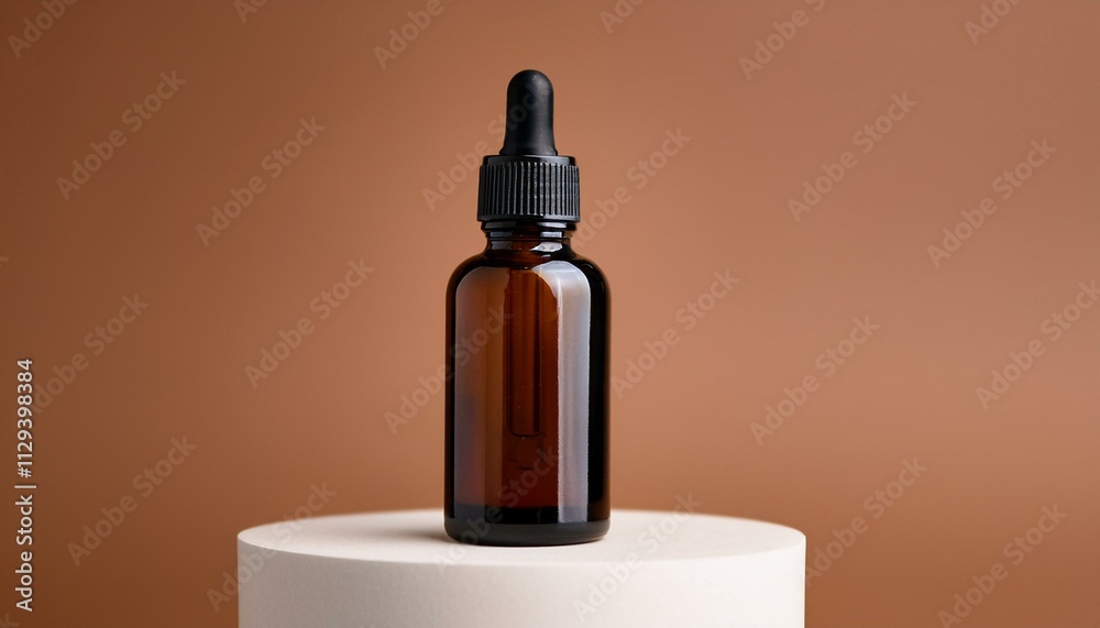 Amber glass dropper bottle on a white pedestal against a terracotta background. Amber glass dropper bottle on a white pedestal against a terracotta background.