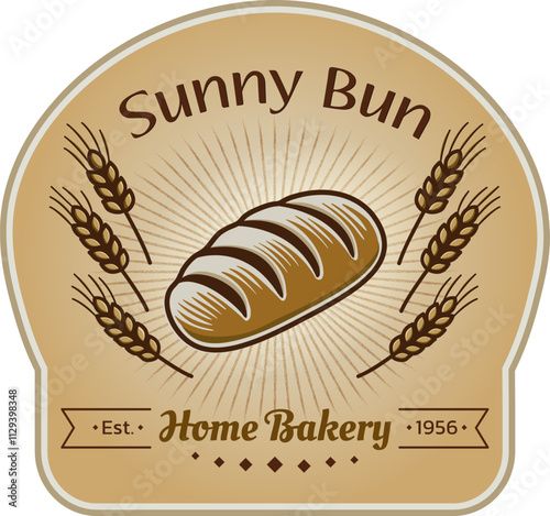 Vector logo design for bakery shop. Homemade bread and sun rays . Vector illustration in brown and beige tones. 