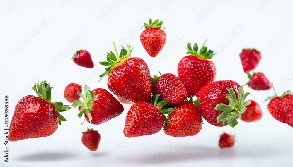 Fresh, juicy strawberries in mid-air, a burst of red against a white background. Fresh, juicy strawberries in mid-air, a burst of red against a white background.
