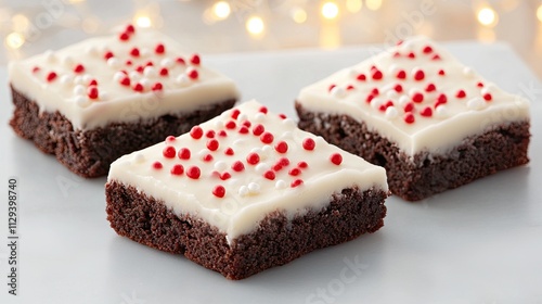 Three festive brownies shaped like Christmas trees are topped with white frosting and red sprinkles. The soft blurred lights in the background enhance the holiday spirit photo