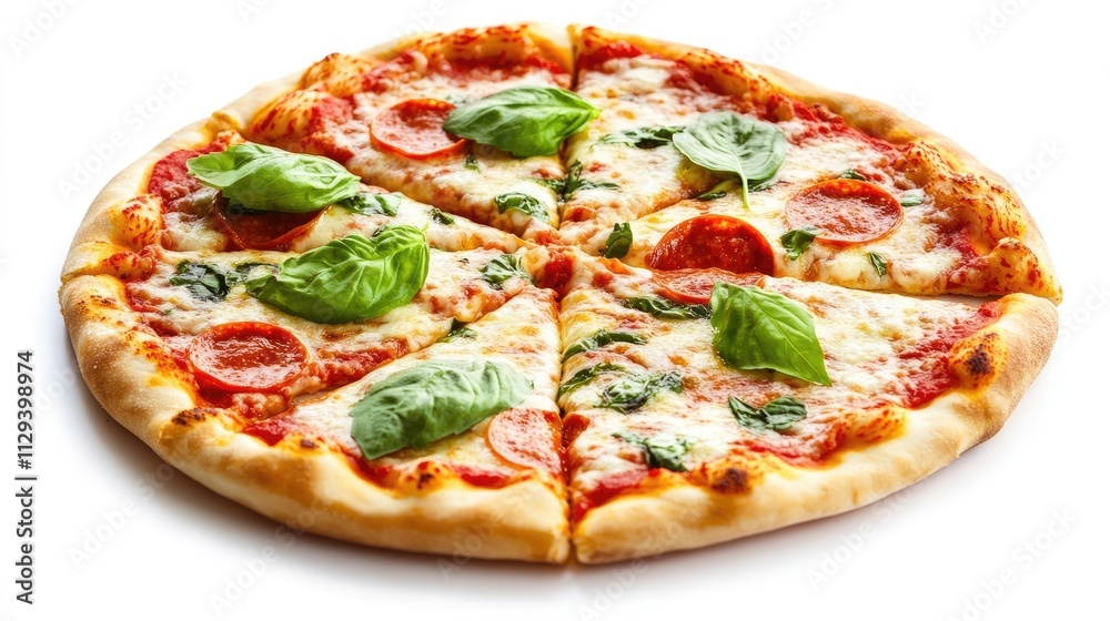 Margarita pizza with fresh basil leaves served on a white background showcasing delicious toppings and golden crust Margarita pizza with fresh basil leaves served on a white background showcasing delicious toppings and golden crust