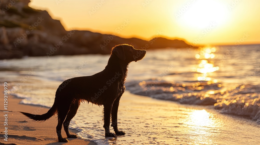 Silhouette of a dog at sunset on a tranquil beach scene in Sardinia highlighting golden hour reflections on water Silhouette of a dog at sunset on a tranquil beach scene in Sardinia highlighting golden hour reflections on water