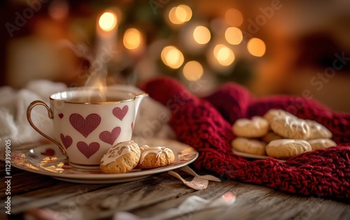 A tea set with heart-shaped handles and a plate of biscuits in a cozy valentines day scene