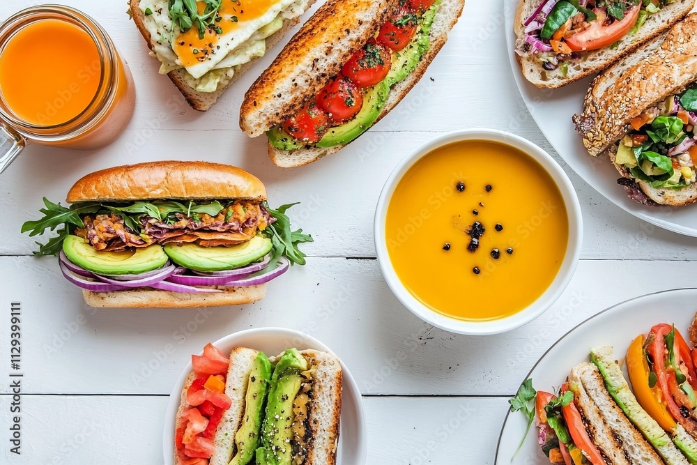 Overhead shot of various healthy sandwiches, soup, and juice. Overhead shot of various healthy sandwiches, soup, and juice.