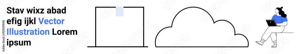 Office setup with a computer monitor, a cloud representing cloud storage, and a woman working remotely on a laptop. Ideal for technology, remote work, cloud computing, office productivity Office setup with a computer monitor, a cloud representing cloud storage, and a woman working remotely on a laptop. Ideal for technology, remote work, cloud computing, office productivity