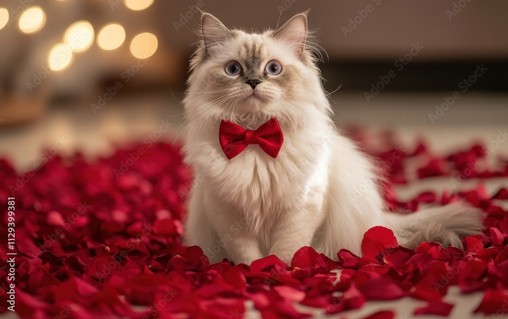 A fluffy white cat wearing a red bow tie and sitting among rose petals for valentines day A fluffy white cat wearing a red bow tie and sitting among rose petals for valentines day