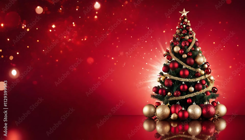 Christmas tree adorned with baubles on a shimmering red background Christmas tree adorned with baubles on a shimmering red background