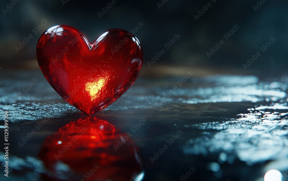 A red heart-shaped candle with a glossy finish, glowing brightly against a dark, moody background, perfect for Valentines Day decor A red heart-shaped candle with a glossy finish, glowing brightly against a dark, moody background, perfect for Valentines Day decor