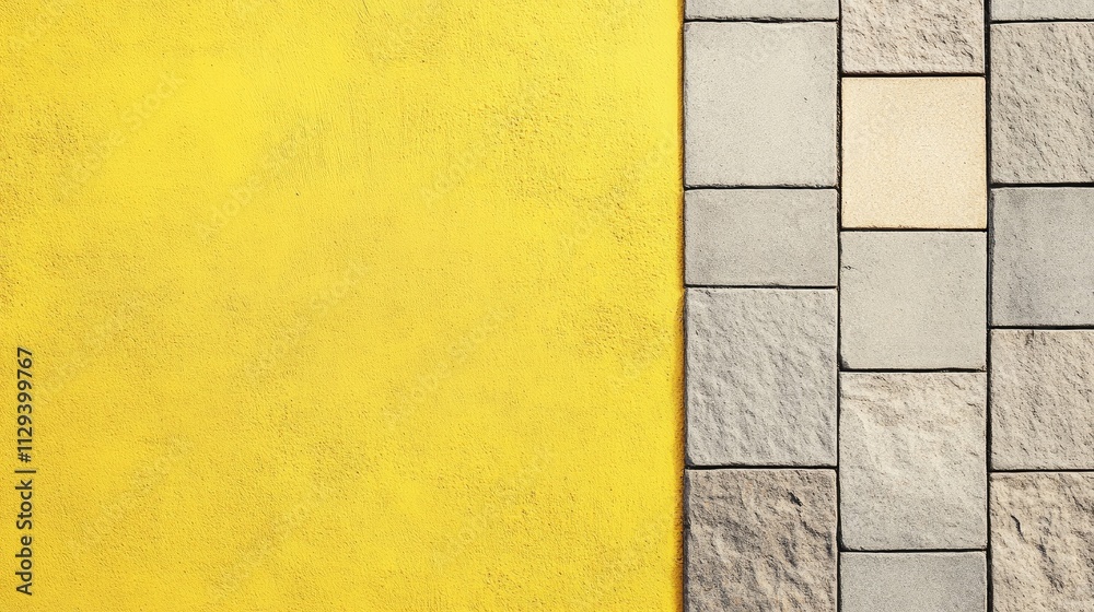 Naklejka premium Minimalist sidewalk stone arrangement on vibrant yellow backdrop showcasing paving slabs for promotion and design concepts.