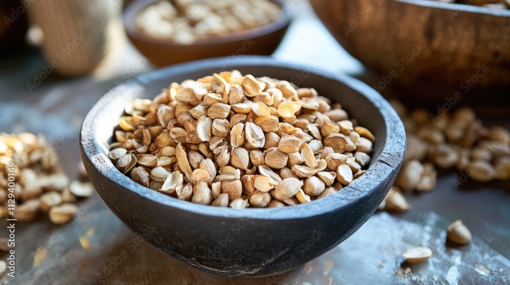 Sacha Inchi seeds in a rustic bowl showcasing their texture and earthy tones with a blurred background of more seeds. Sacha Inchi seeds in a rustic bowl showcasing their texture and earthy tones with a blurred background of more seeds.