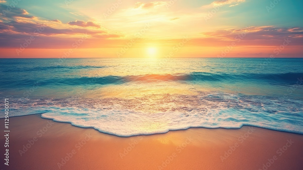 Serene ocean sunset with gentle waves and soft sand textures creating a tranquil atmosphere for backgrounds and design projects Serene ocean sunset with gentle waves and soft sand textures creating a tranquil atmosphere for backgrounds and design projects