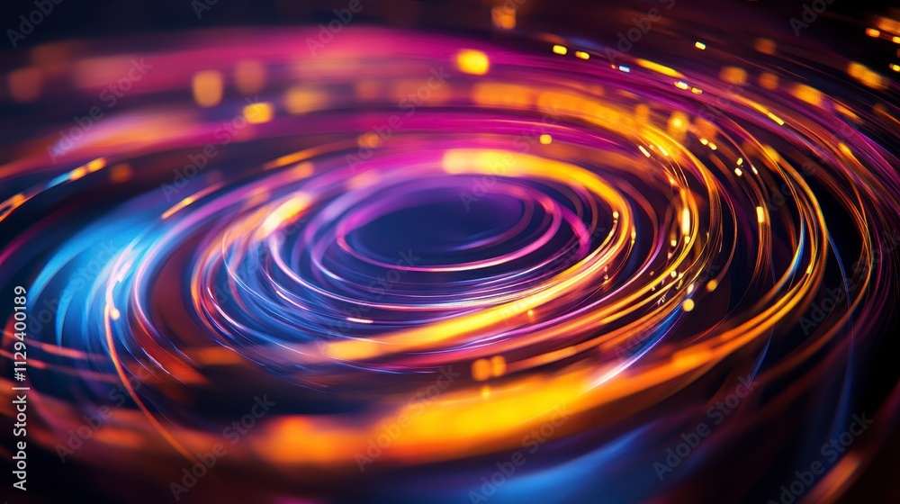 A vibrant, swirling pattern of light in hues of orange, purple, and blue, creating a dynamic, abstract visual effect.