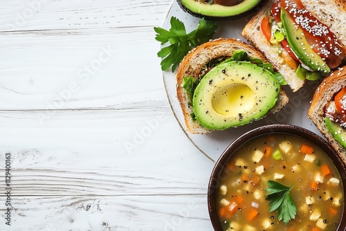 Delicious avocado sandwiches and vegetable soup on a white wooden table.