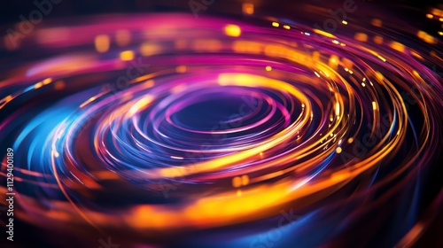 A vibrant, swirling pattern of light in hues of orange, purple, and blue, creating a dynamic, abstract visual effect.