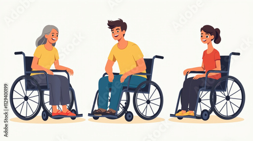 A collection of smiling young people with disabilities in wheelchairs shows diversity, with men and women of different ages and ethnic backgrounds. It is presented as a set of flat vector illustration