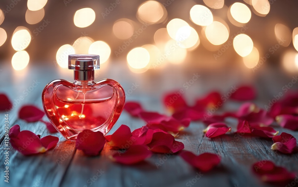 A romantic perfume display with rose petals and heart-shaped decorations for valentines day A romantic perfume display with rose petals and heart-shaped decorations for valentines day