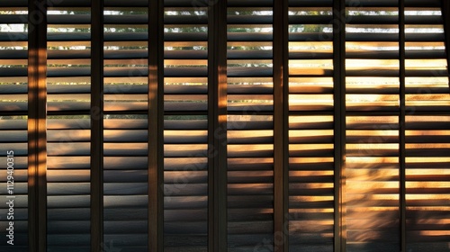 Sunset light filtering through wooden window shutters creating a warm and inviting atmosphere in a residential setting.