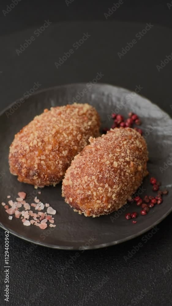 Delicious fresh cutlet or meatball Kiev style with filling, salt, spices and herbs Delicious fresh cutlet or meatball Kiev style with filling, salt, spices and herbs