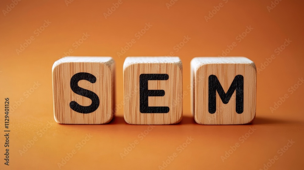 Wooden cubes displaying SEM letters on a vibrant orange background symbolizing search engine marketing concept and digital advertising strategy Wooden cubes displaying SEM letters on a vibrant orange background symbolizing search engine marketing concept and digital advertising strategy
