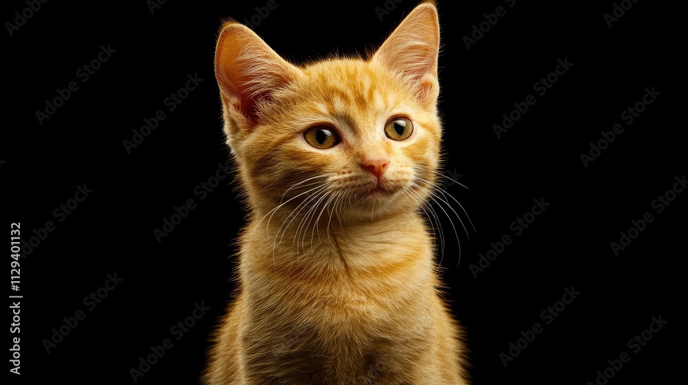 Fototapeta premium Portrait of a curious orange kitten showcasing vibrant fur against a black background for captivating feline imagery.