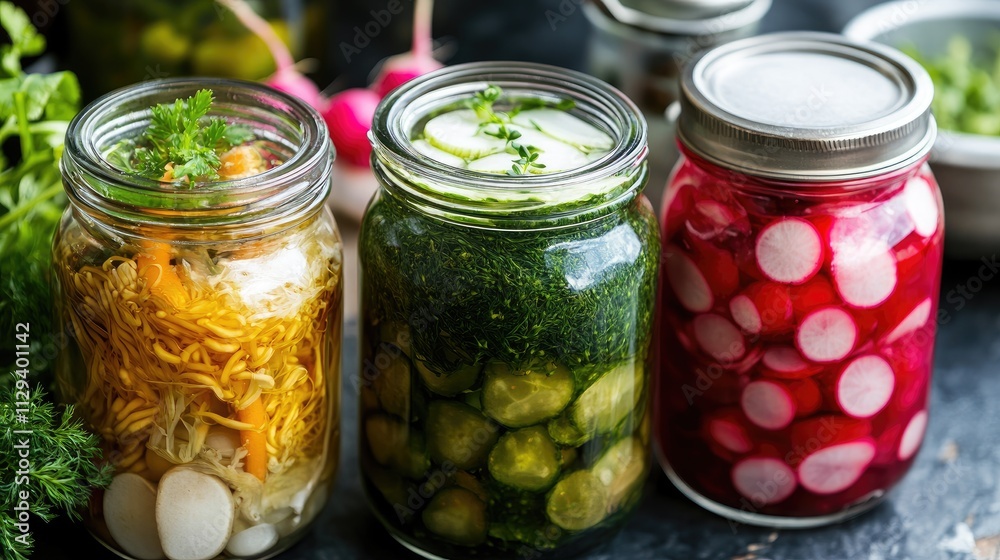 Homemade fermented vegetables in jars showcasing colorful pickled radishes and mustard greens for healthy eating and sustainability Homemade fermented vegetables in jars showcasing colorful pickled radishes and mustard greens for healthy eating and sustainability