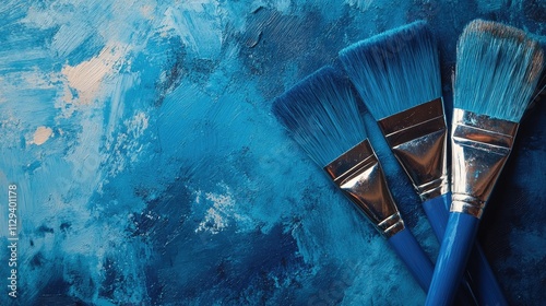 Set of blue brushes on an abstract painted wall background for construction and painting projects photo